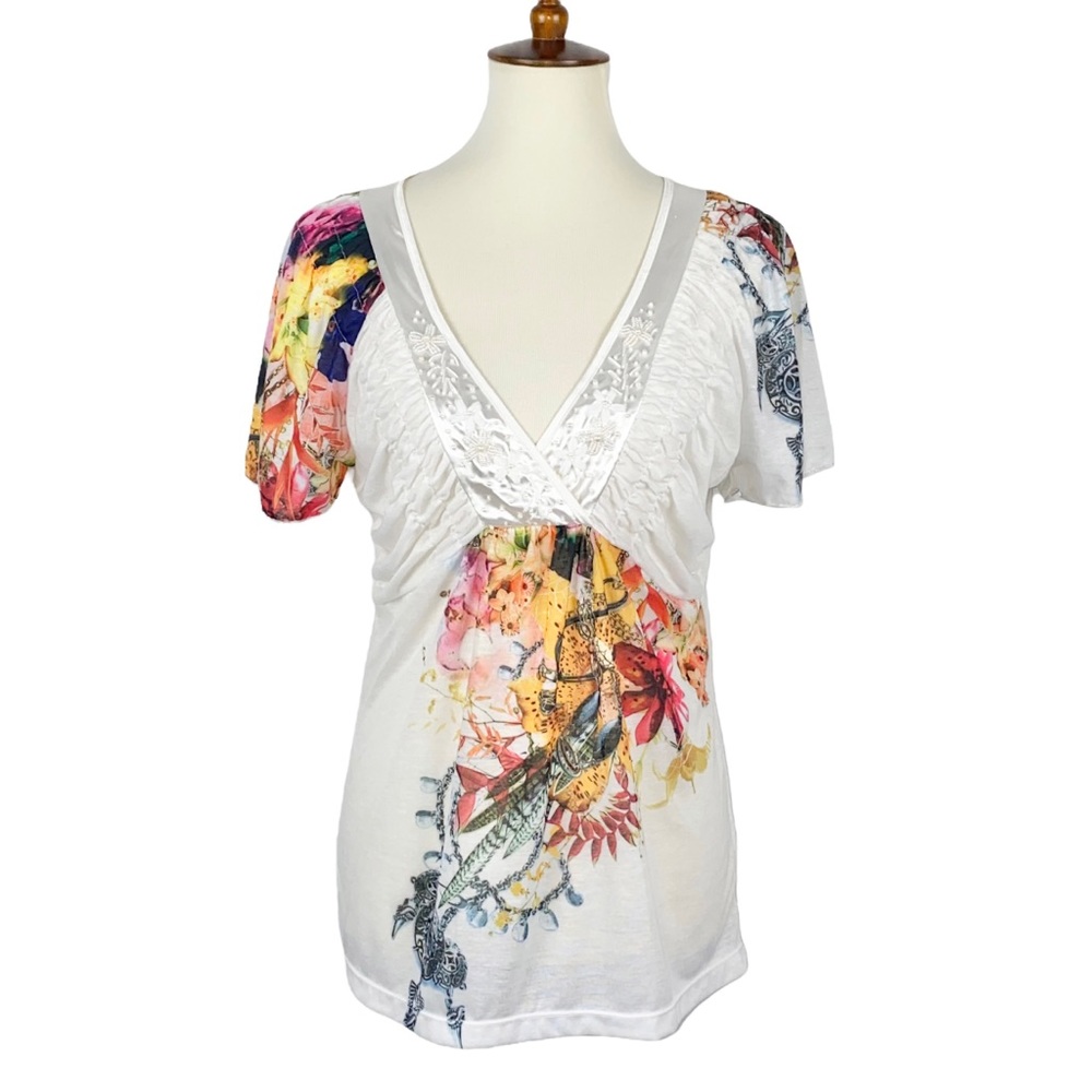 M NEW Svetlana White Satin Embellished Beaded Sequin Flutter Sleeve Blouse Top